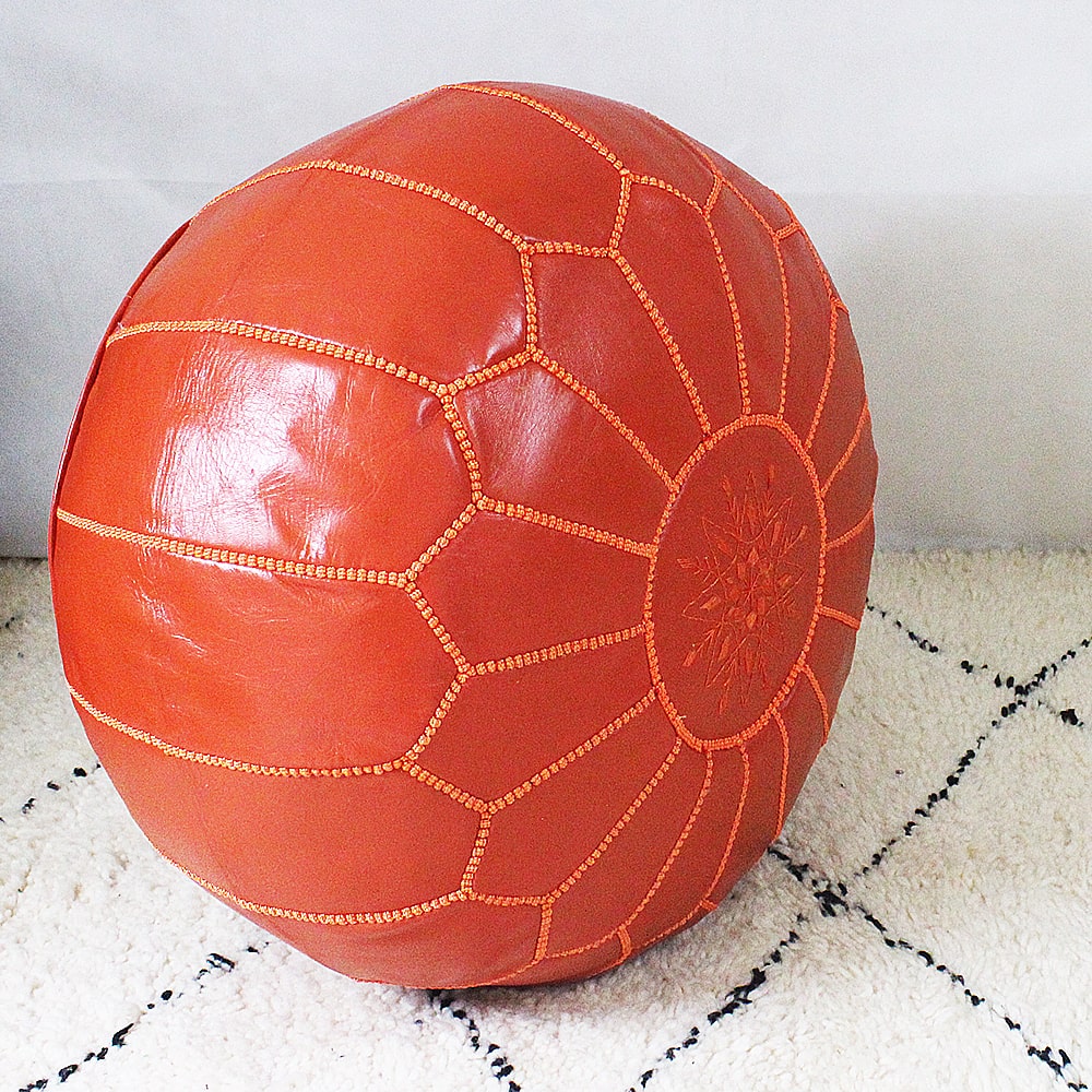 Marrakech pouf embroidered orange leather