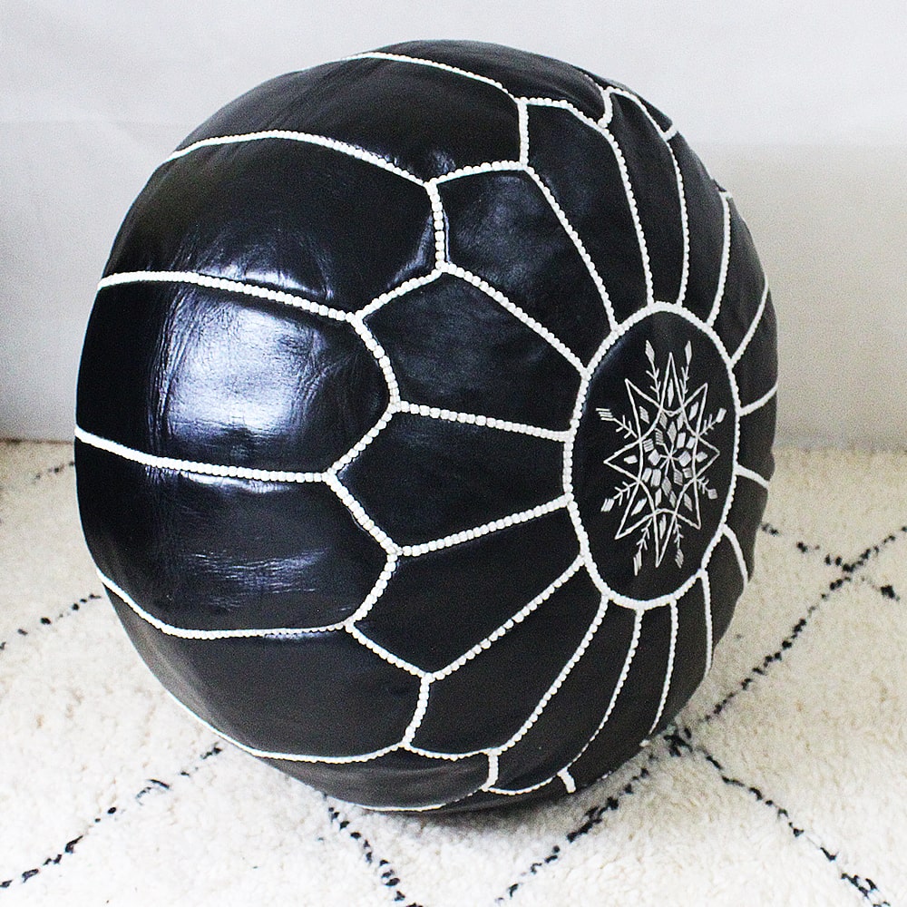 Marrakech pouf black embroidered leather