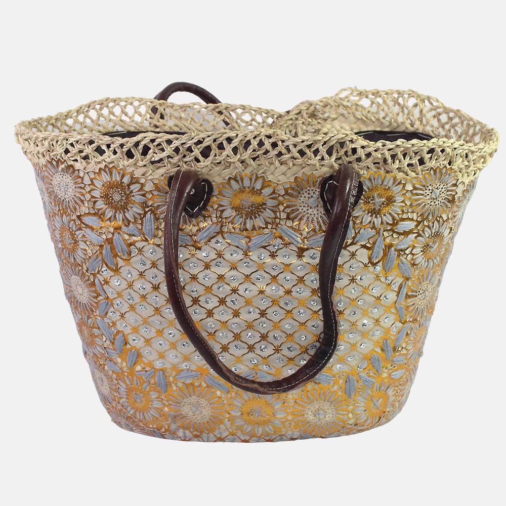 Panier Marocain d'osier Cendré broderie gris