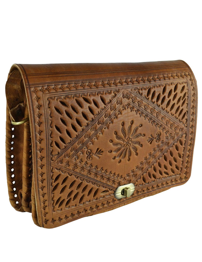 Leather shoulder bag with perforated patterns