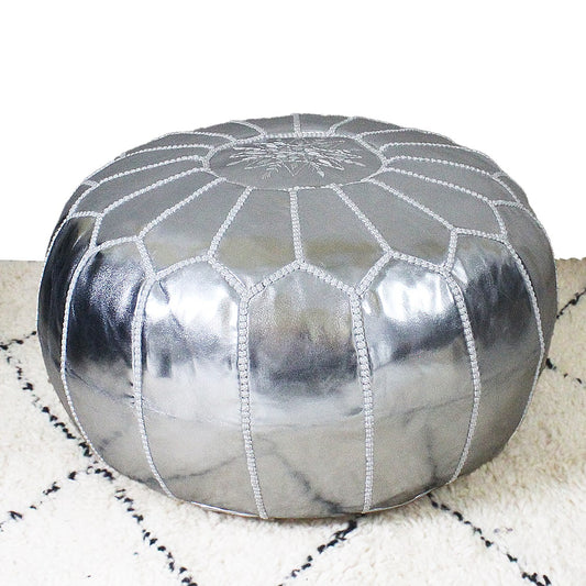 Embroidered silver faux leather pouf