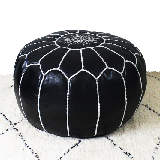 Marrakech pouf black embroidered leather