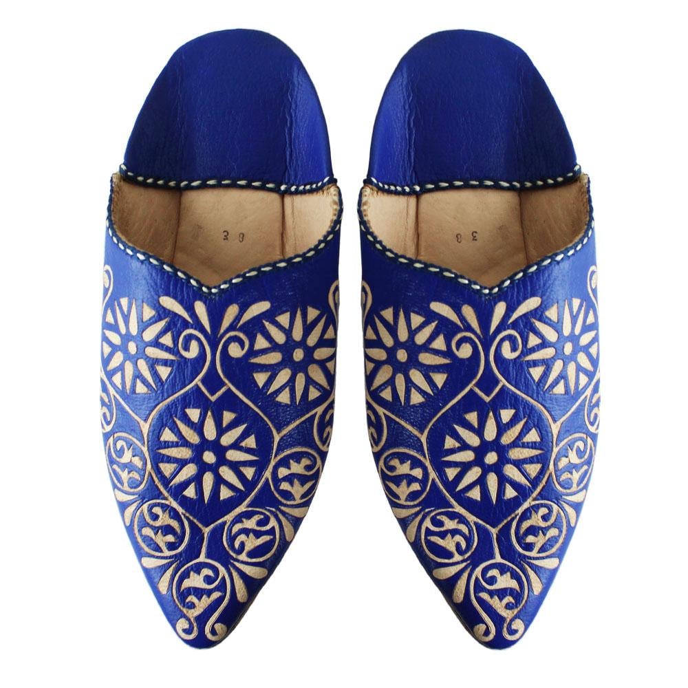 Blue perforated leather babouche