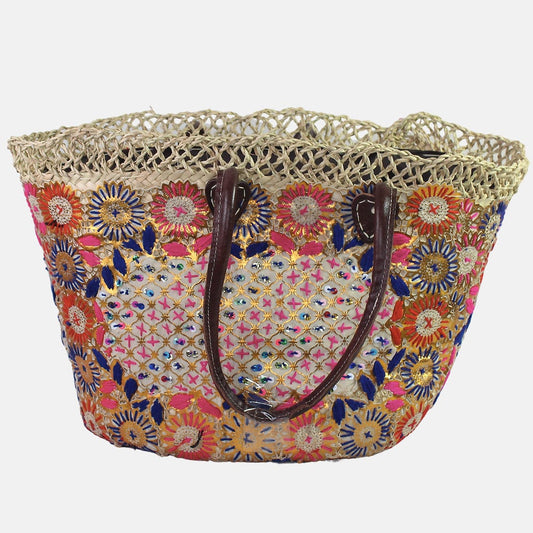 Panier Marocain d'osier Printemps - panier broderie Rose / Bleu