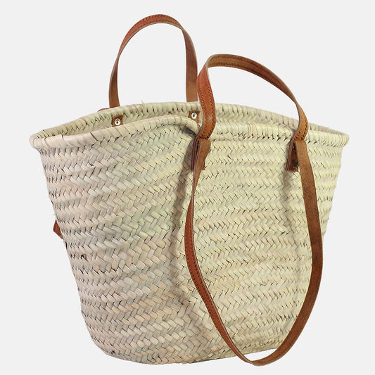 Wicker basket with double leather handles