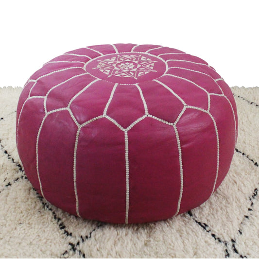 Marrakech pouf in fuchsia embroidered leather