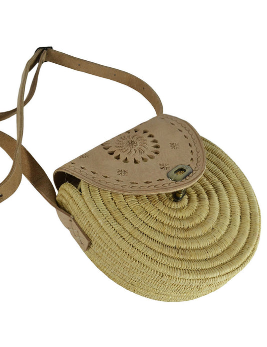 Round leather and wicker shoulder bag